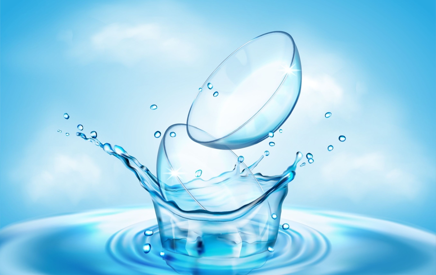 A pair of contacts creates a splash of water as they are dropped into water to represent dry eye relief.