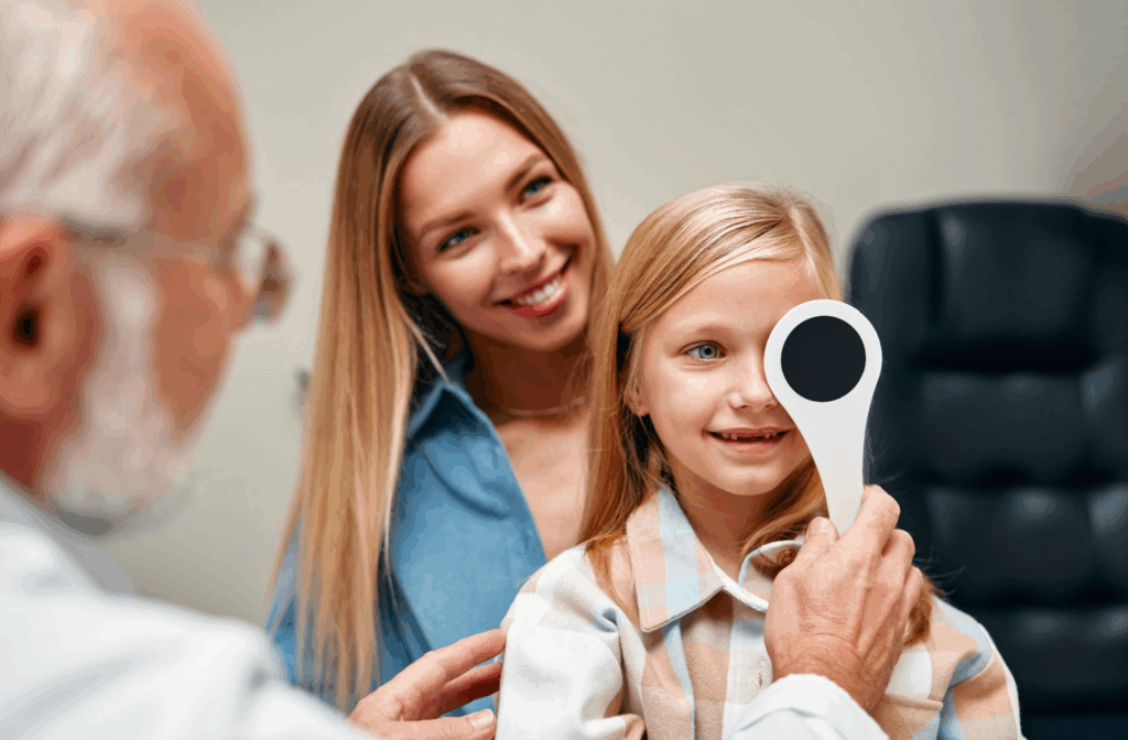 Young child sitting on their mother's lap during an eye exam as the optometrist holds a testing device in front of the child’s eye.
