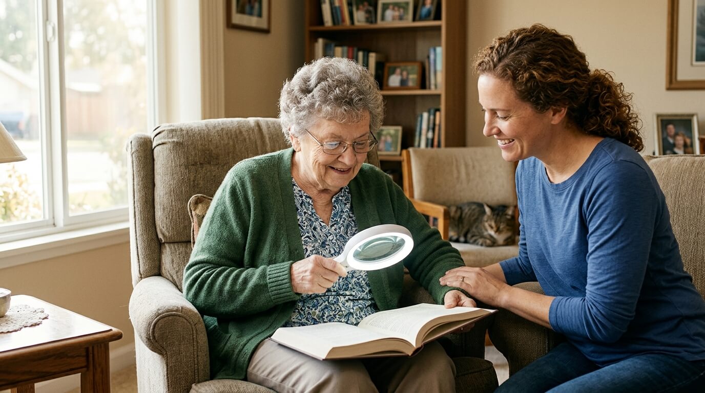 Person using a magnifying glass to read text, illustrating challenges associated with low vision