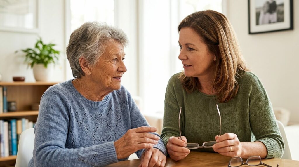 Optometrist is consulting with a senior about low vision issue. 