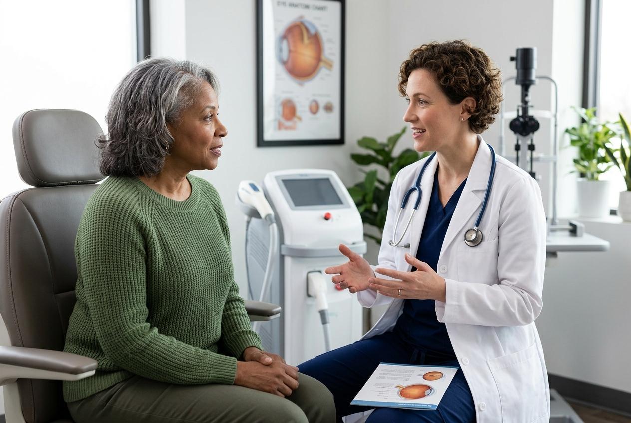 Adult talking to optometrist about meibomian gland dysfunction