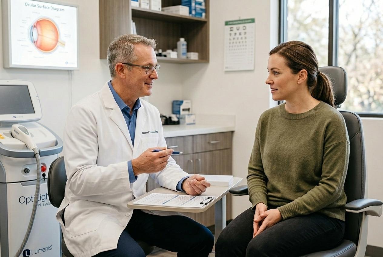 Adult talking to optometrist about treatment options for meibomian gland dysfuntion
