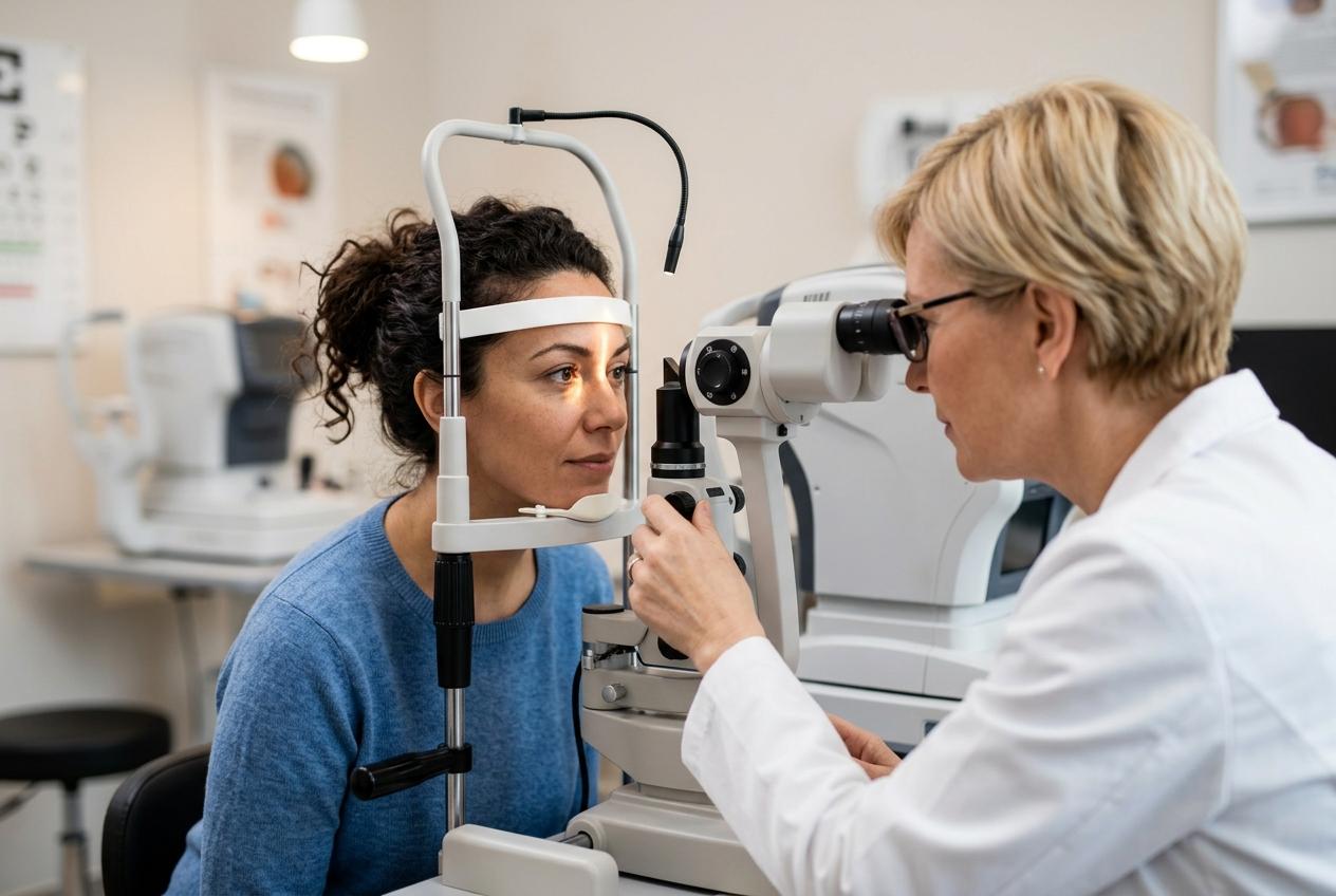 An optometrist examines a seated woman's eye using a slit lamp in an eye exam room.