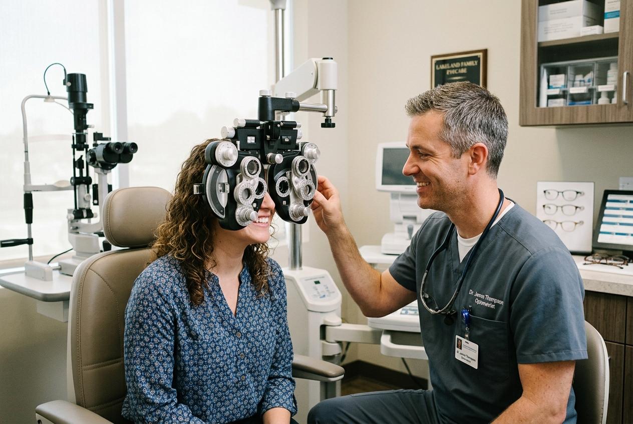 Smiling optometrist adjusts a phoropter in front of a smiling female patient seated in an exam chair during an eye exam.