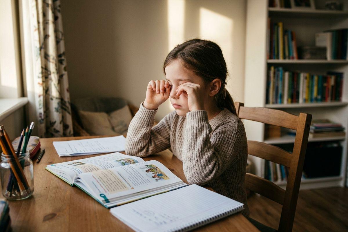 Child rubbing both eyes at a table with an open book and notebook, bookshelf in the background.
