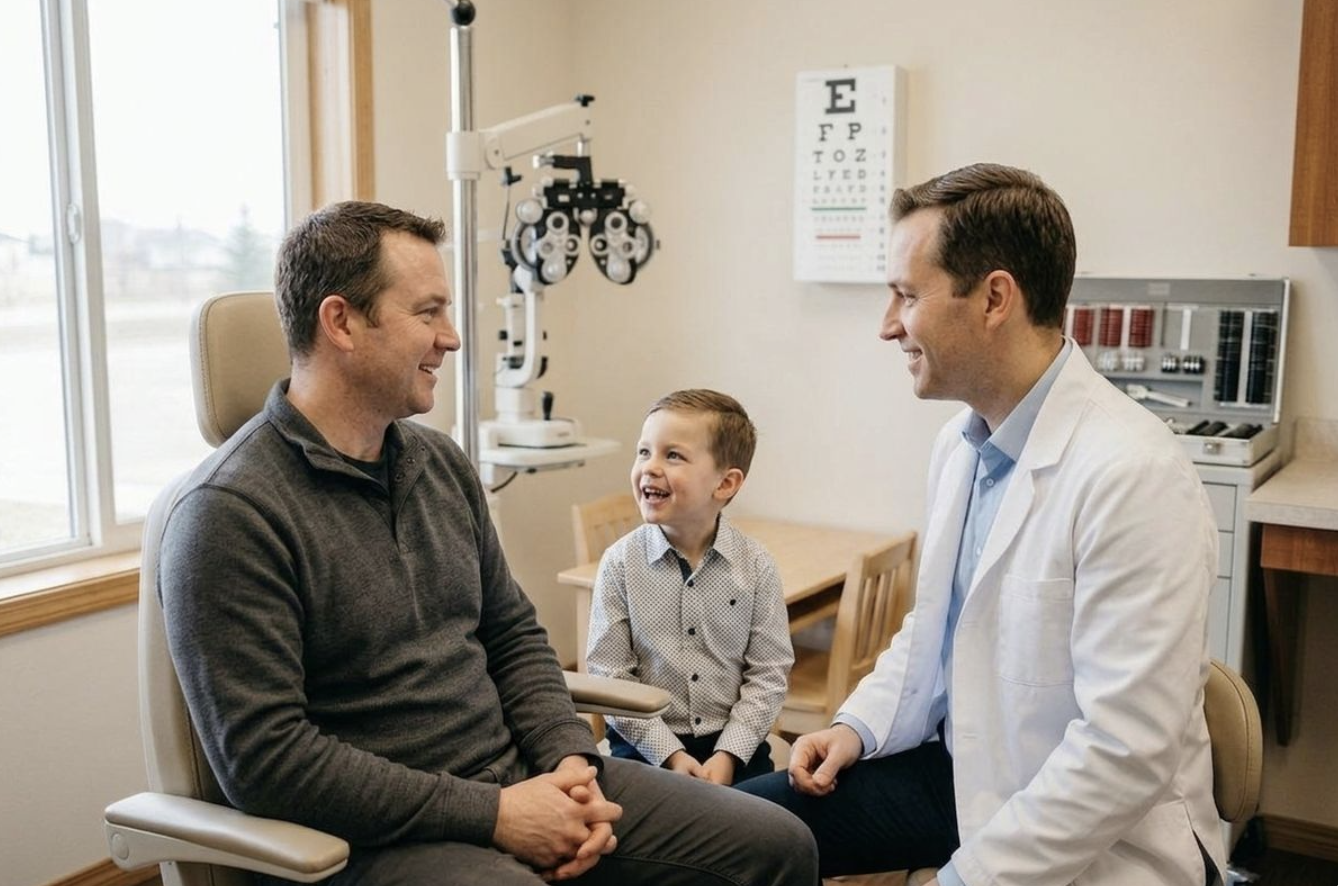 Optometrist talking with a smiling adult and a laughing child in an eye exam room with phoropter and eye chart.