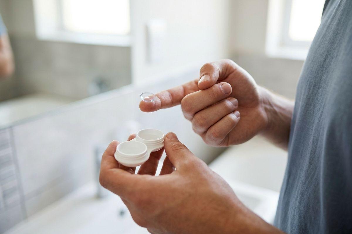 Adult holding a contact lens on one fingertip and an open contact lens case in the other hand in a bathroom.