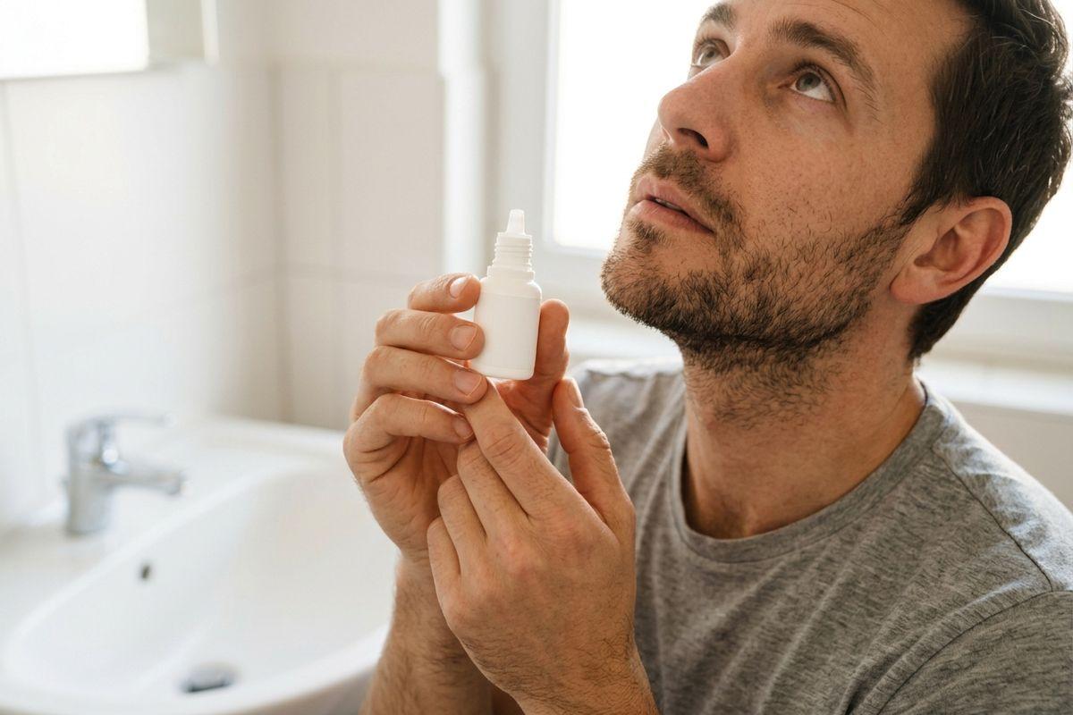Adult holding a small white dropper bottle with head tilted back in a bathroom near a sink.