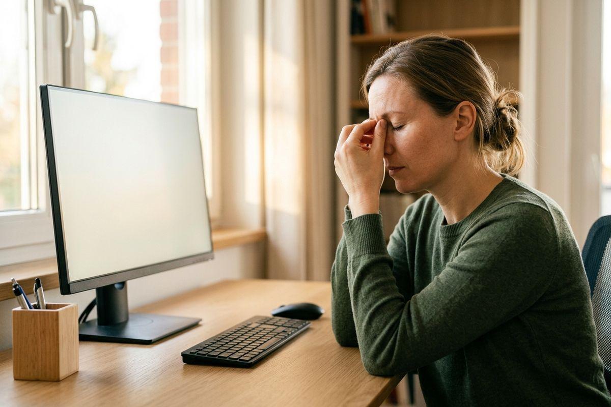 Adult sitting at a desk with a computer, eyes closed, pinching the bridge of their nose with a strained expression.