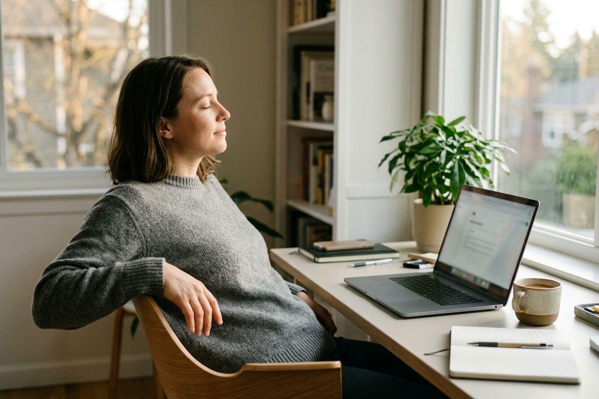 Pregnant person sitting at a home desk with eyes closed, resting one hand on their belly, laptop and notebook nearby.